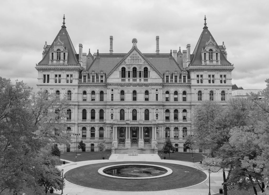 Fall Season New York Statehouse Capitol Building in Albany in black white