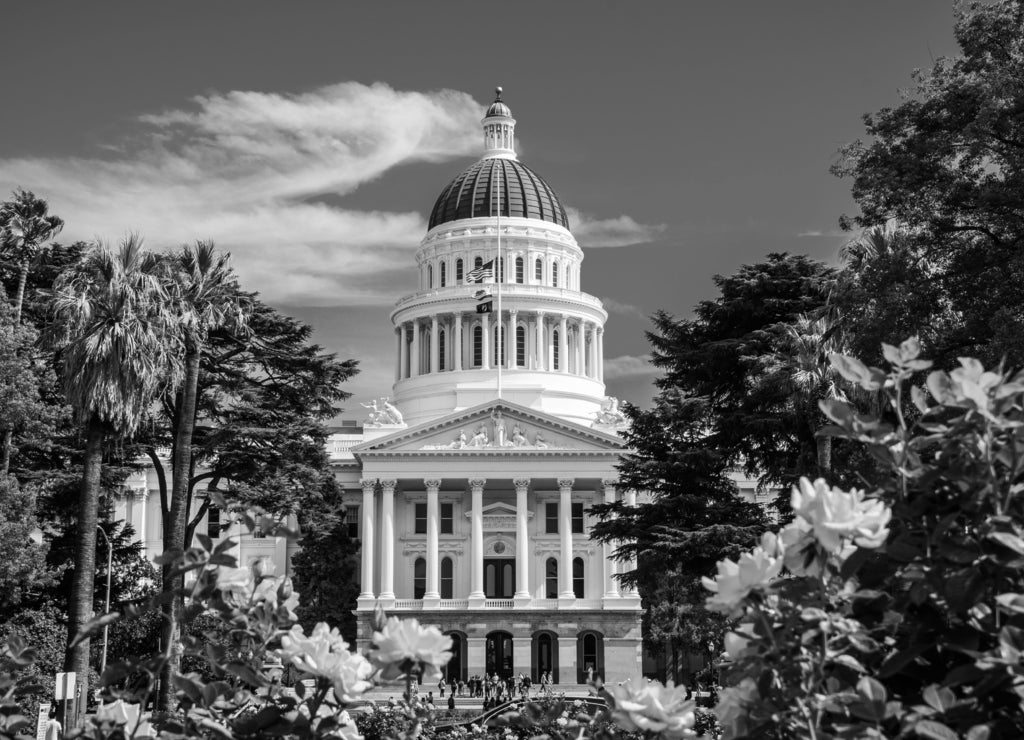California State Capitol building, Sacramento, California in black white