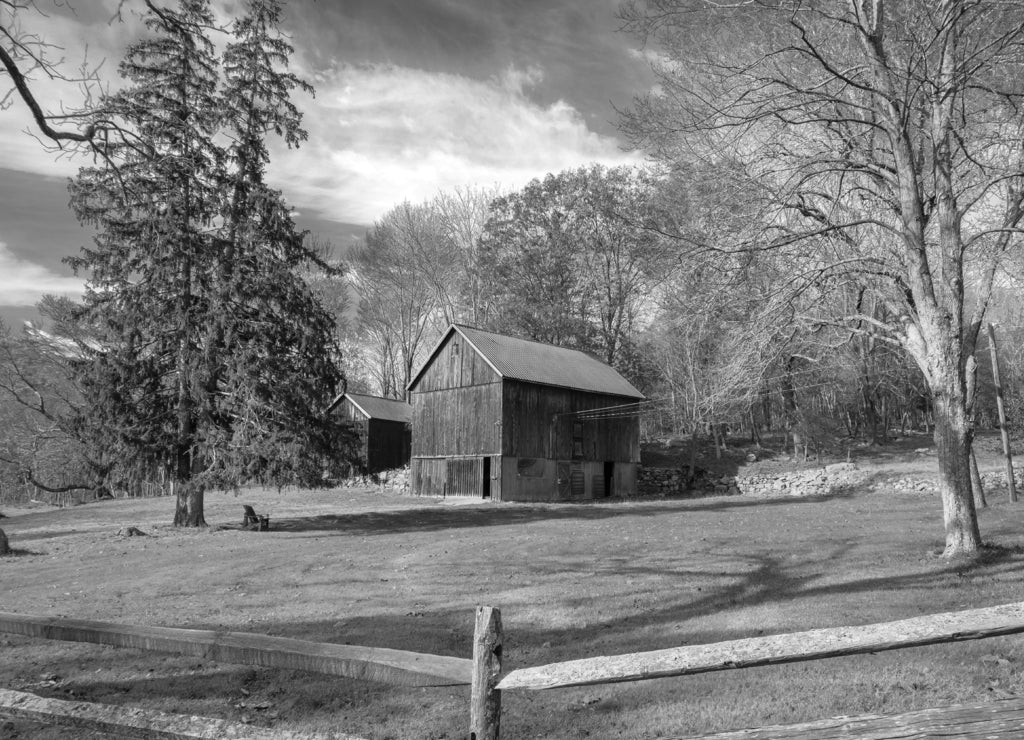 Trendition red wooden barn, Fall season in New York, USA in black white