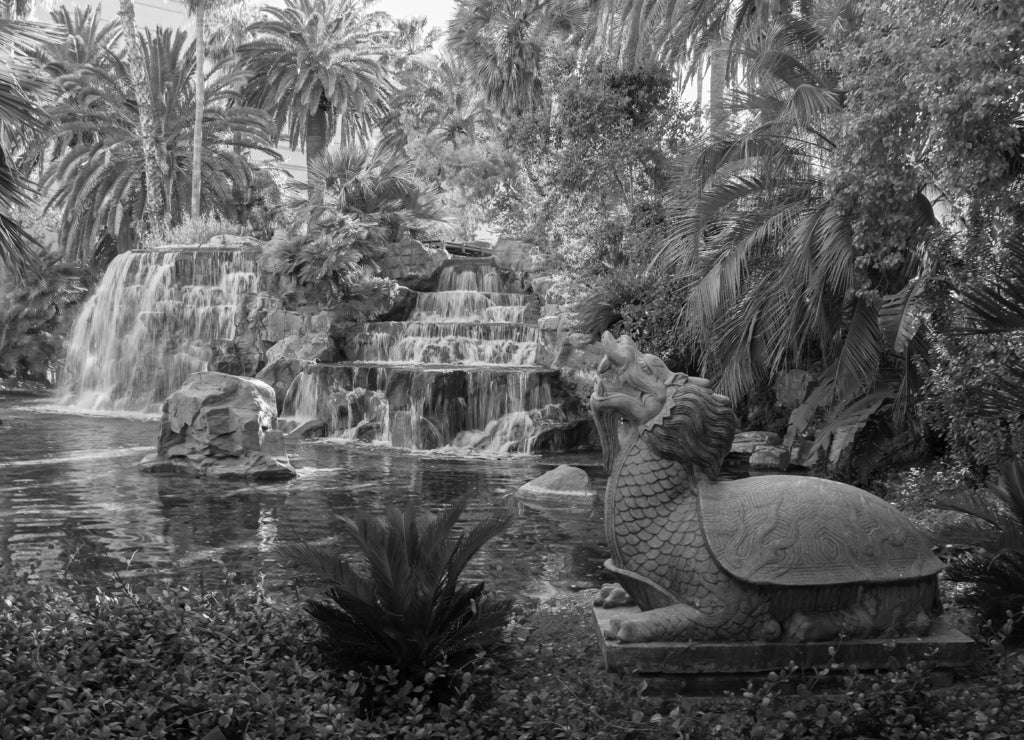 China garden of the Mirage hotel-casino entrance, Las Vegas downtown Nevada in black white