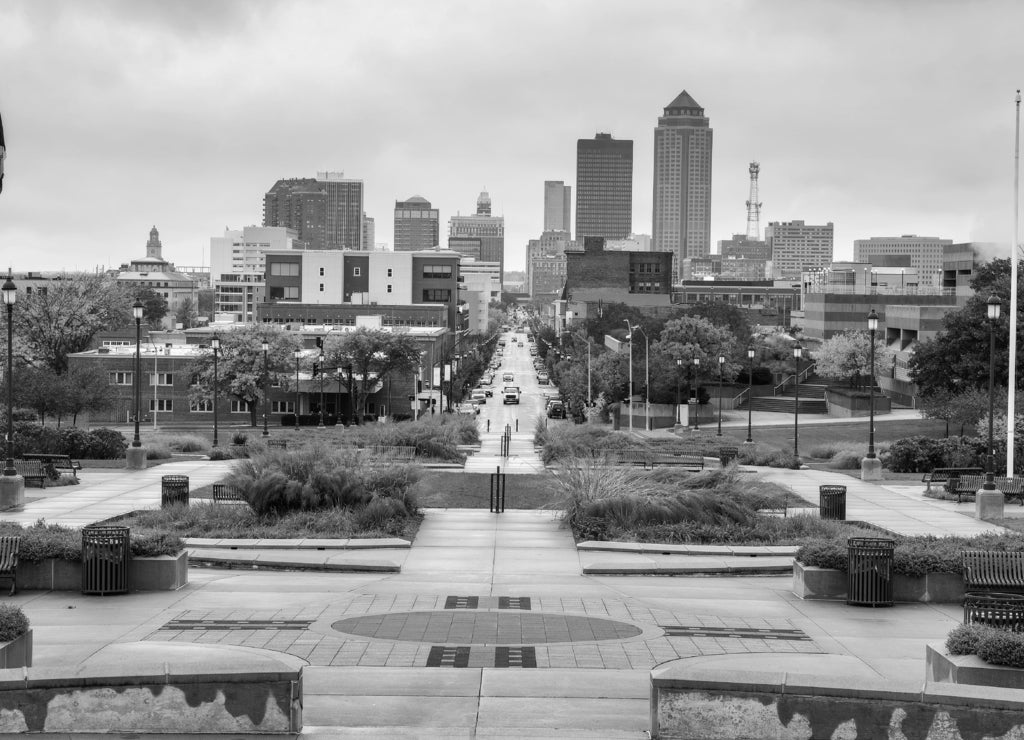 Downtown Des Moines viewed from the Iowa State Capitol in black white