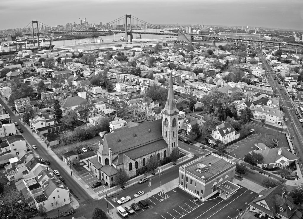 Aerial View of Delaware Riverfront Town Gloucester New Jersey in black white