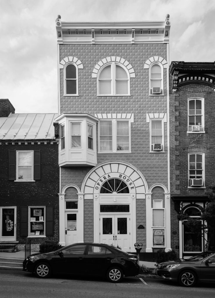 The Opera House in Shephardstown, West Virginia in black white