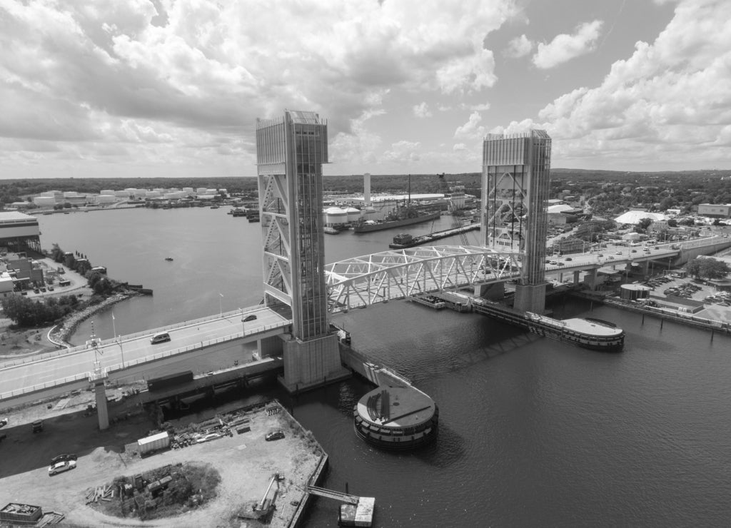 Weymouth Fore River and Fore River Bridge in Quincy, Massachusetts in black white