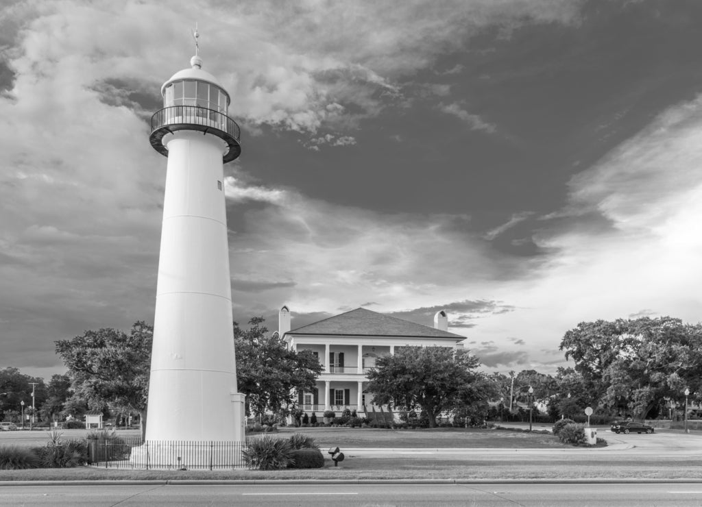 Biloxi, Mississippi USA at Biloxi Lighthouse in black white