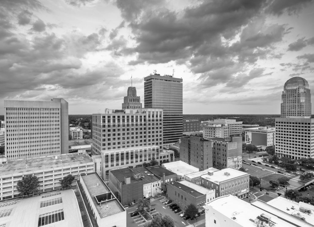 Winston-Salem, North Carolina, USA skyline from above in black white