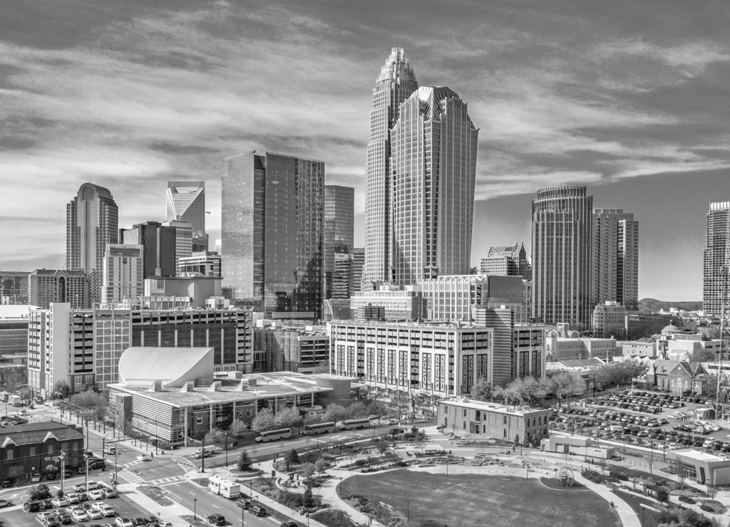 Downtown Charlotte, North Carolina, USA Skyline in black white