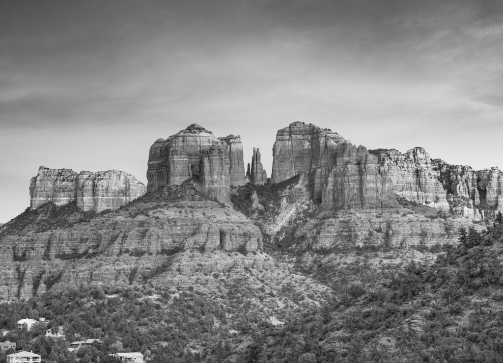 Sedona, Arizona, USA at Red Rock State Park in black white