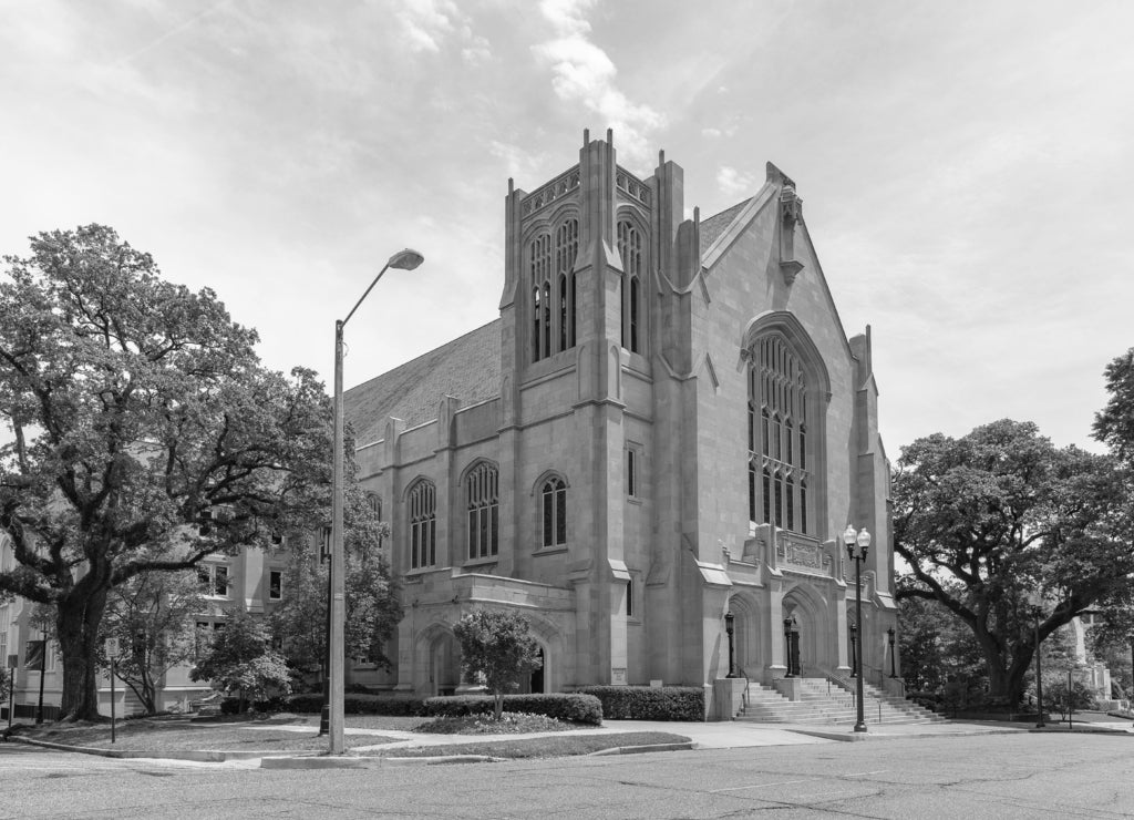 Jackson, Mississippi / USA - April 23, 2019: First Baptist Church of Jackson, Mississippi original chapel in black white