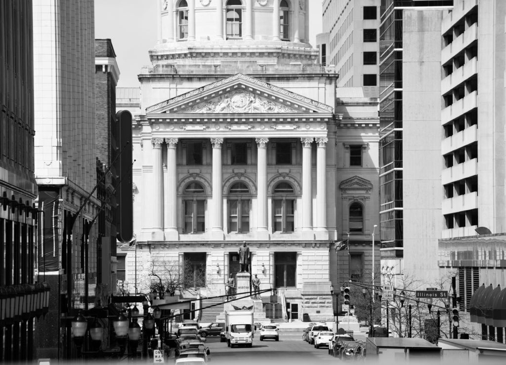 Washington street leading to Indiana Statehouse in black white