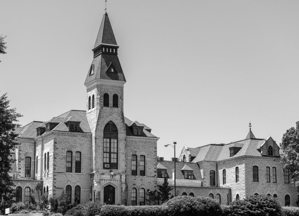 Kansas State University Administration Building on a Sunny Day in black white