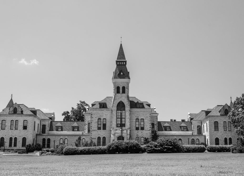 Kansas State University in Manhattan, Kansas on a Sunny Day in black white