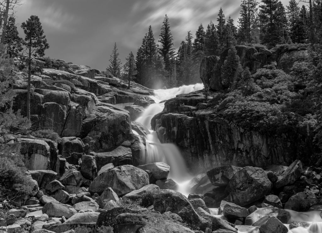 Bassi Falls viewed from close, long exposure, Eldorado National Forest, California, USA in black white