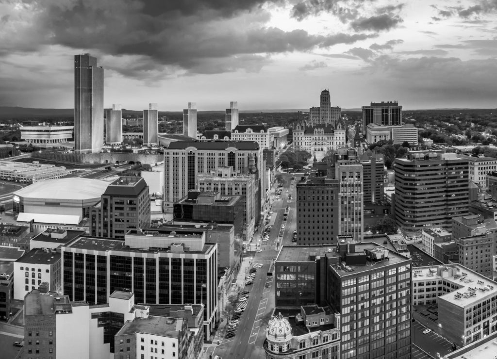 Aerial panorama of Albany, New York downtown along State street, at dusk. Albany is the capital city of the U.S. state of New York and the county seat of Albany County in black white