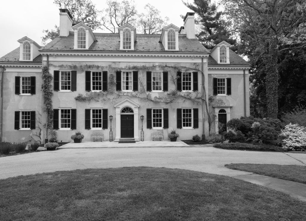 Ancient house and architecture details. Gilded age of american history. Hagley museum, Wilmington, Delaware in black white