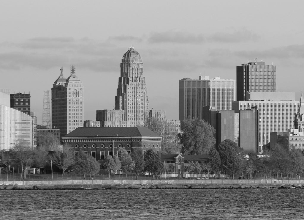 Buffalo, New York skyline across Niagara River in black white