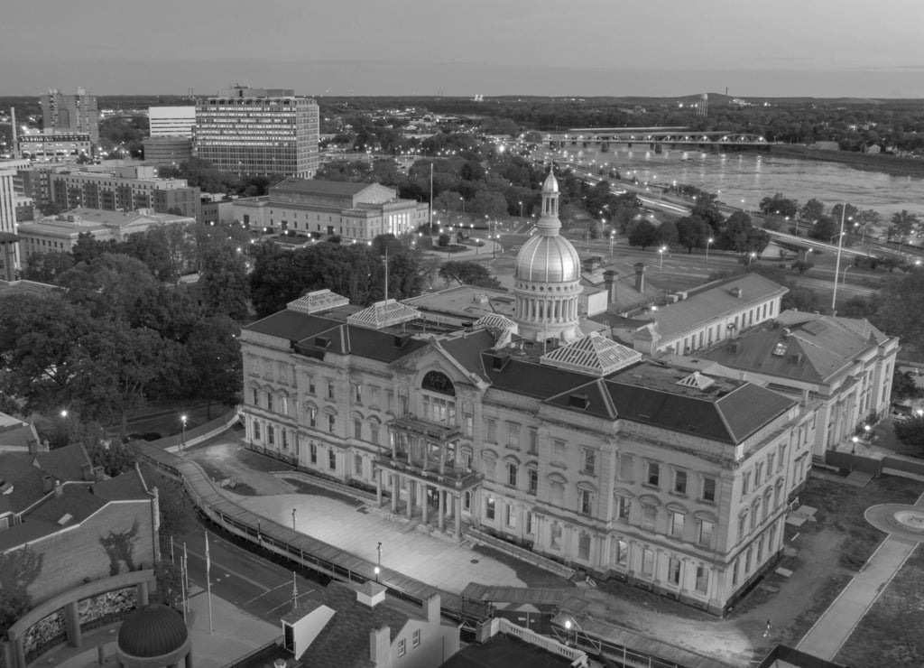 Waterfront Section Trenton New Jersey Delaware River and Capital Statehouse in black white