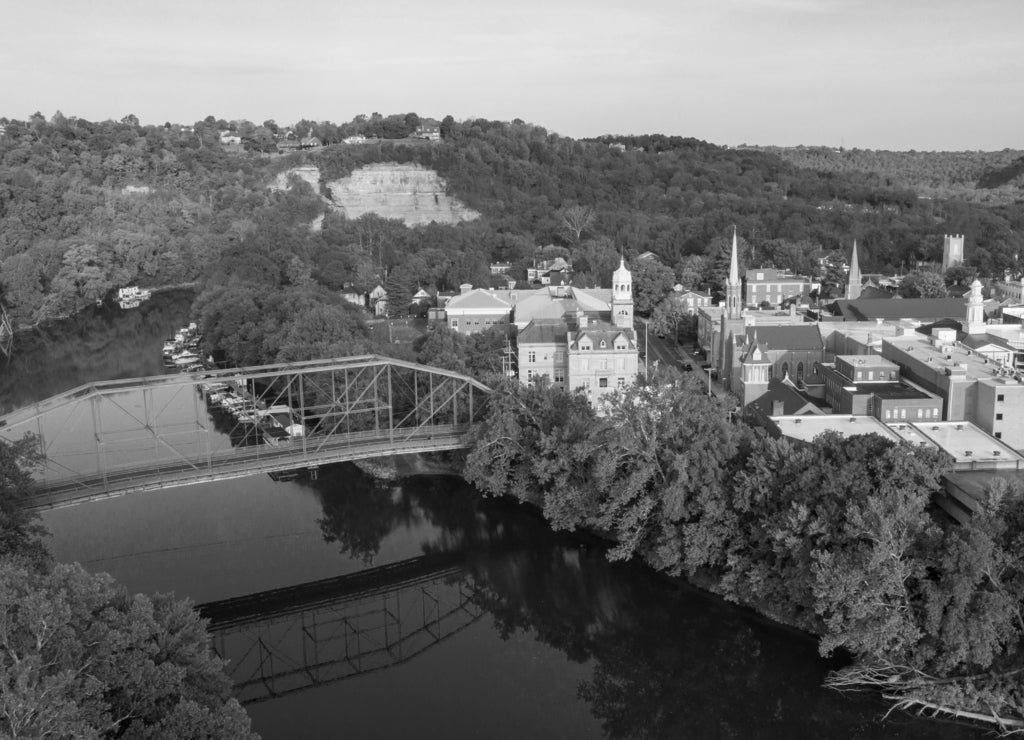 Aerial View Isolated on the State Capital City Downtown Frankfort Kentucky in black white