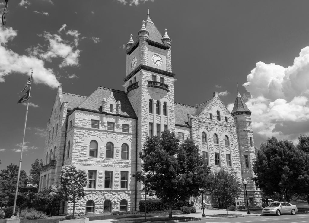 Douglas County Courthouse in Lawrence, Kansas on a Sunny Day in black white