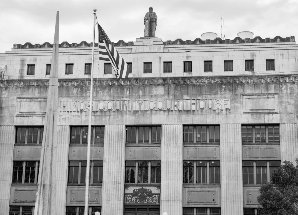 Exterior of the Hinds County Courthouse in Jackson, Mississippi in black white