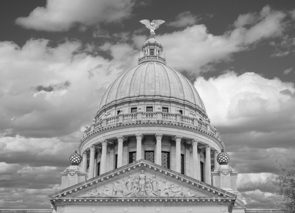Dome of the Mississippi State Capitol Building in Jackson in black white