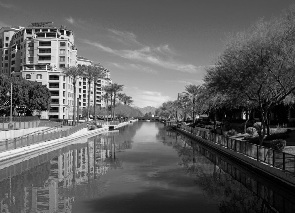 Apartments along the Arizona Canal in Scottsdale AZ in black white