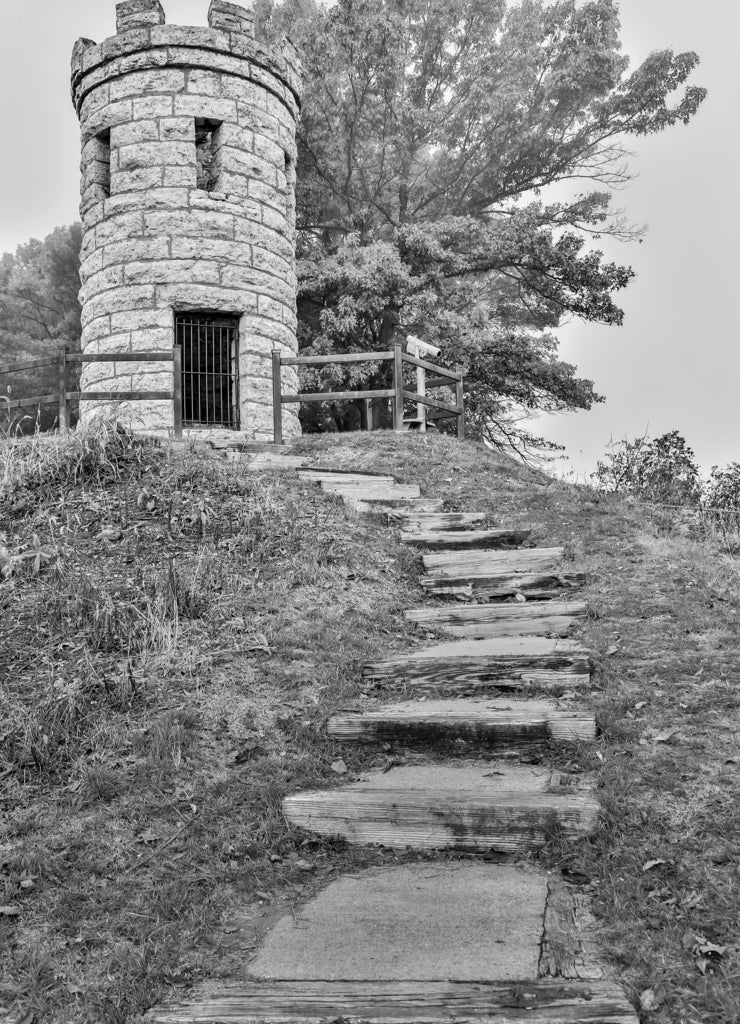 Foggy fall Julien Dubuque Monument Iowa in black white