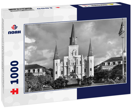 Historic St. Louis Cathedral panorama and the statue of Andrew Jackson across Jackson Square in New Orleans Louisiana USA in black white
