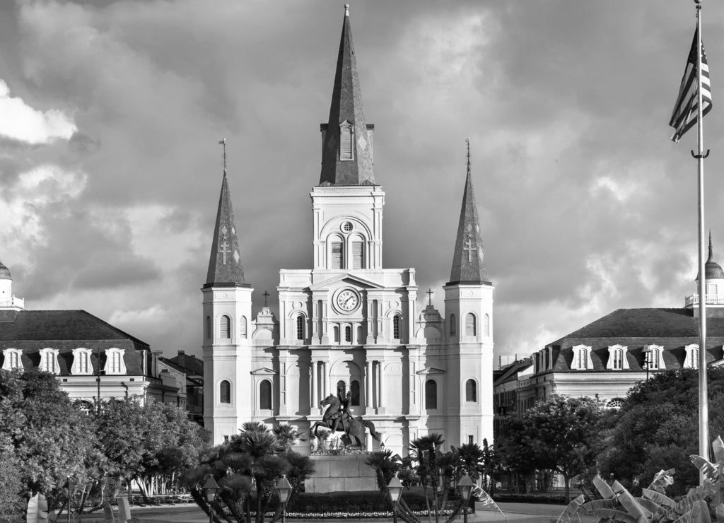 Historic St. Louis Cathedral panorama and the statue of Andrew Jackson across Jackson Square in New Orleans Louisiana USA in black white