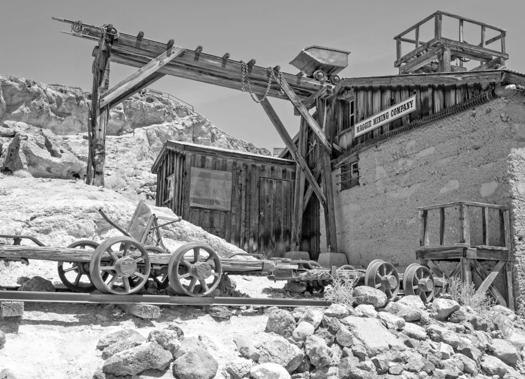 Silver mine 1890's in Calico ghost town, California in black white