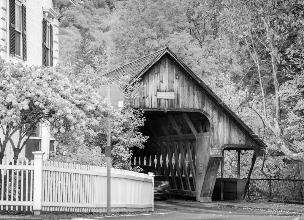 Woodstock, Vermont Middle Covered Bridge in black white