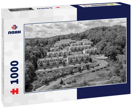 Panorama of a townhome development at Cheat Lake from aerial drone shot near Morgantown, West Virginia in black white