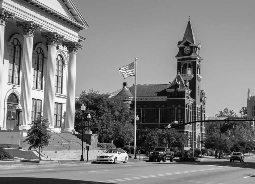 Beautiful architecture along North 3rd Street in Wilmington's historic district North Carolina in black white