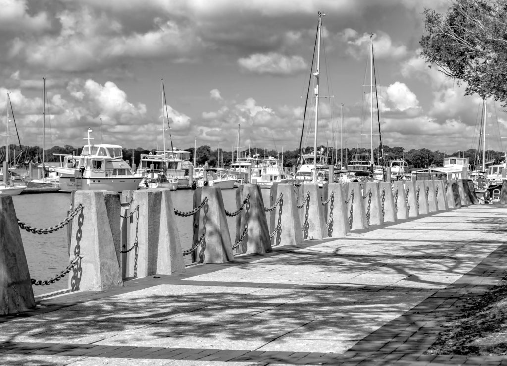 Beaufort South Carolina downtown waterfront on sunny day in black white