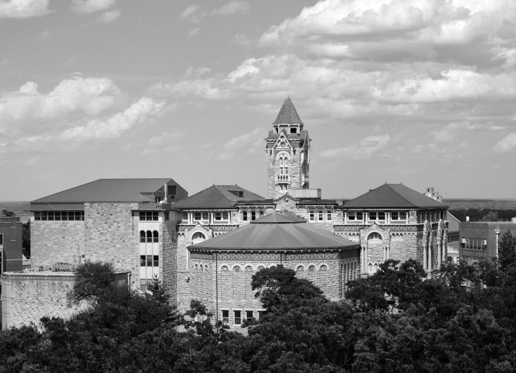 Buildings on the University of Kansas Campus in Lawrence, Kansas in black white