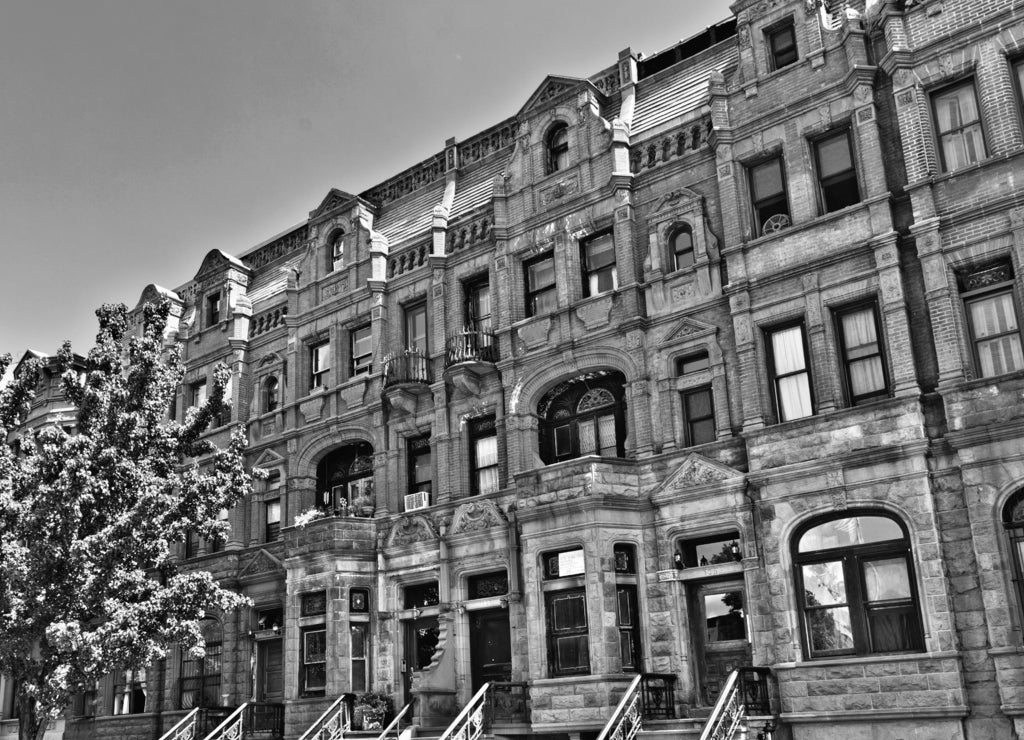 Harlem district and its typical house - New York in black white