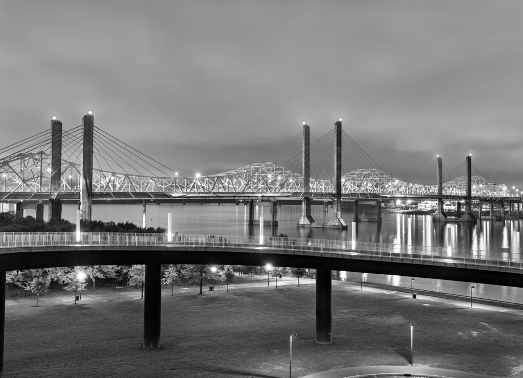 Bridges across the Ohio River between Louisville, Kentucky and Jeffersonville, Indiana in black white