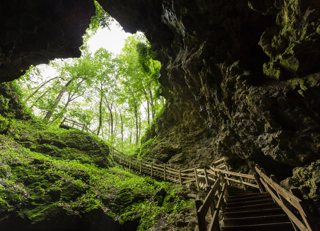 Maquoketa Caves State Park, set of stairs leading out of a cave, Iowa USA