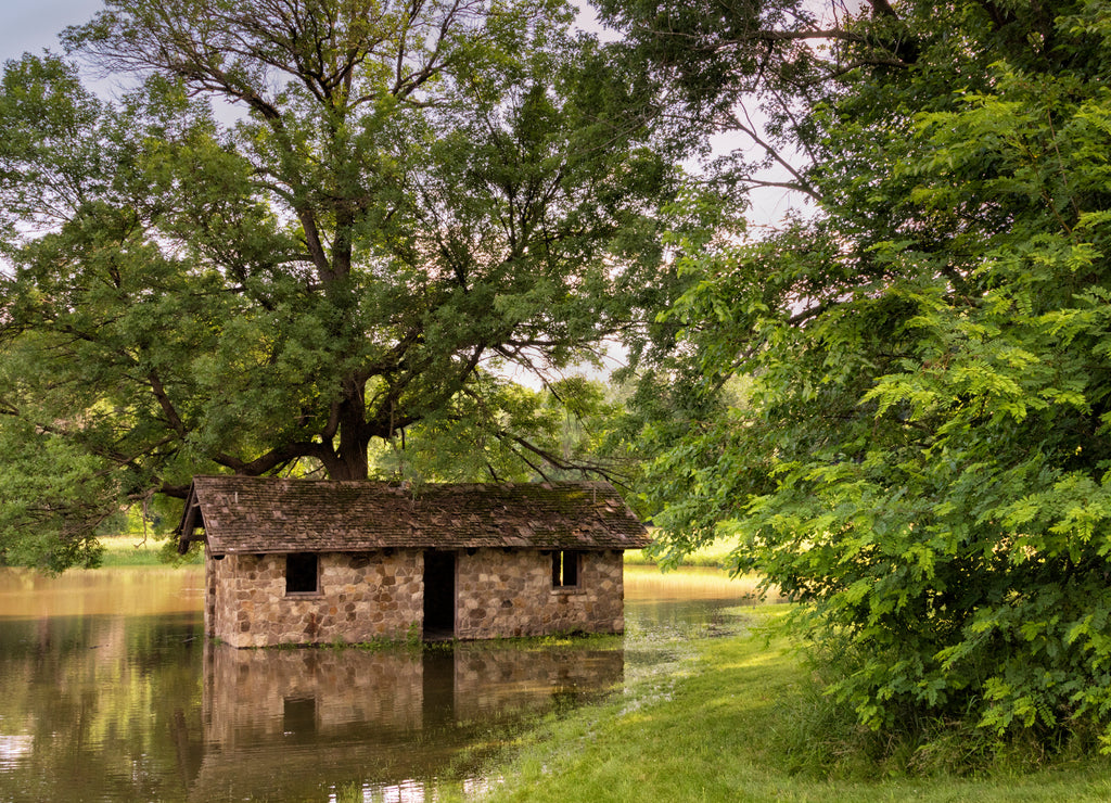 Flooded tornado shelter near Des Moines River, Boone county, Iowa, USA