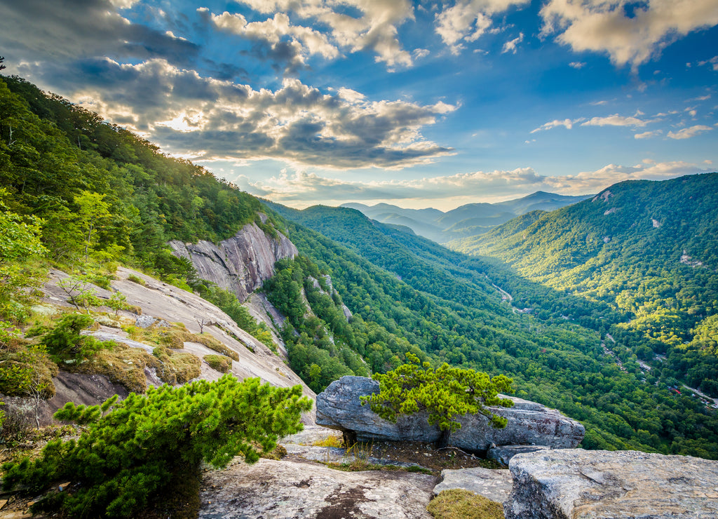 View of mountains at sunset from Chimney Rock State Park, North Carolina