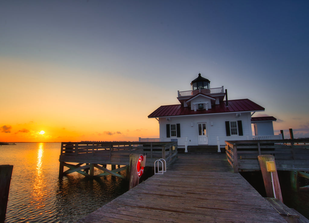 A bright sunrise closeup at the Roanoke Marshes Lighthouse in Nags Head, North Carolina