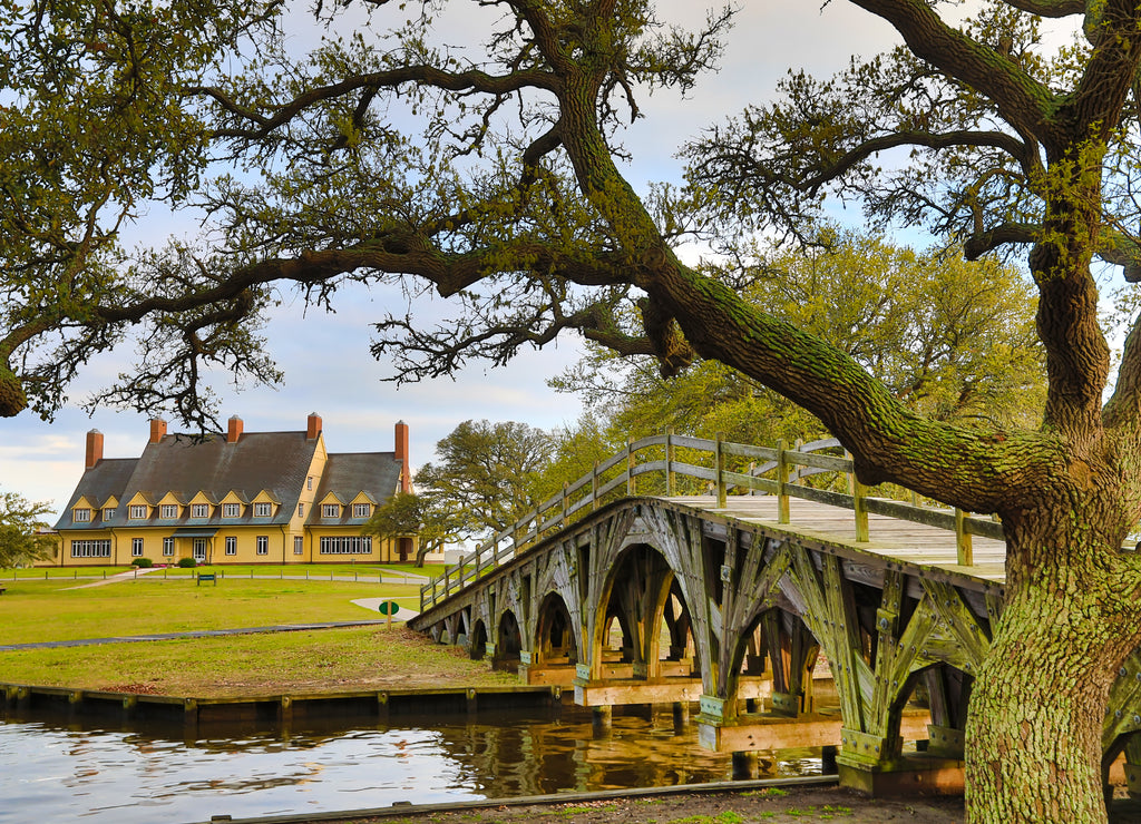The historic landmark footbridge in Currituck Heritage Park leads to the Whalehead Club. This is located in the Outer Banks of North Carolina