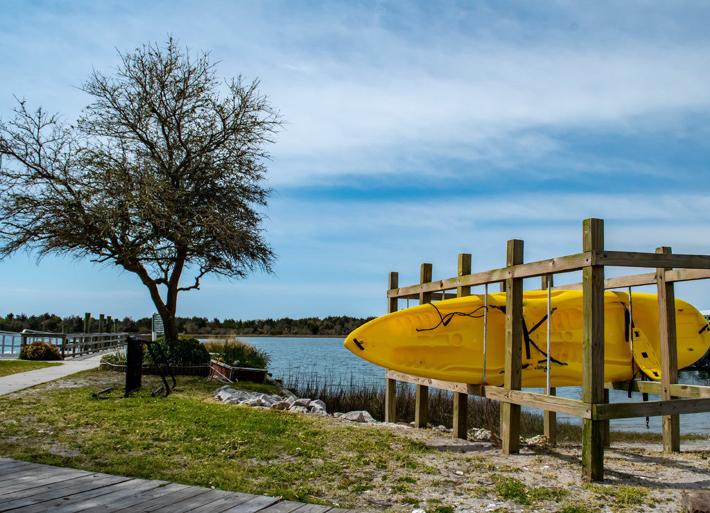 Yellow kayak in a wooden boat stand, single tree with blue sky, creek in the background. Outdoor scenes. These were taken in Beaufort North Carolina, waterfront town in Carteret County North Carolina
