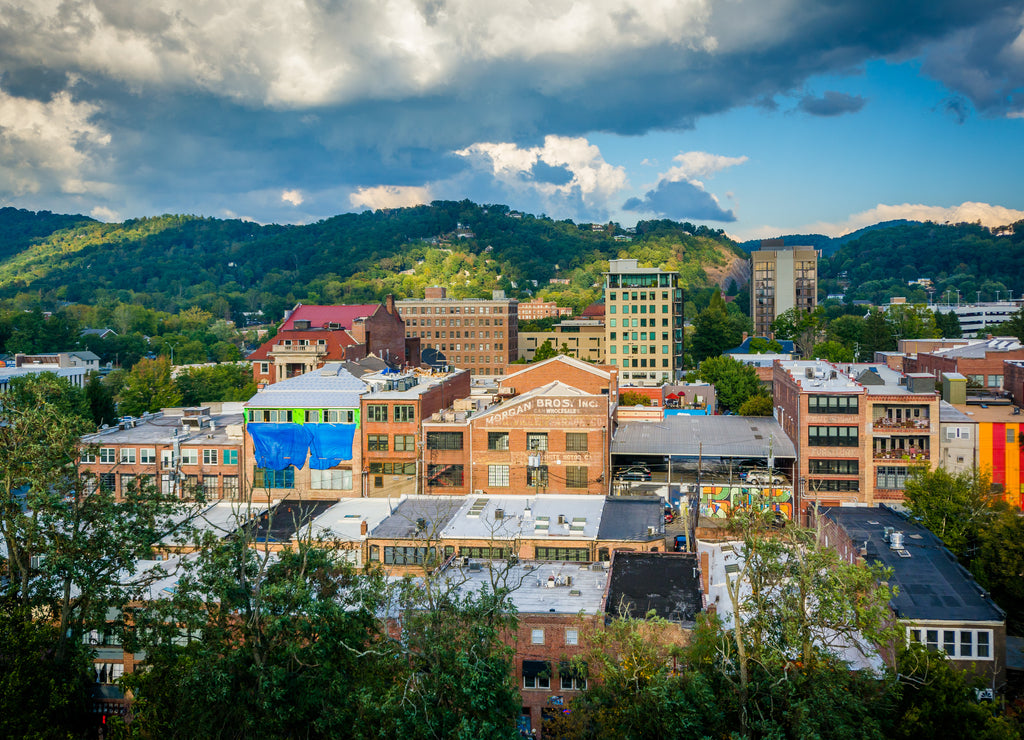 View of mountains and buildings in downtown Asheville, North Carolina