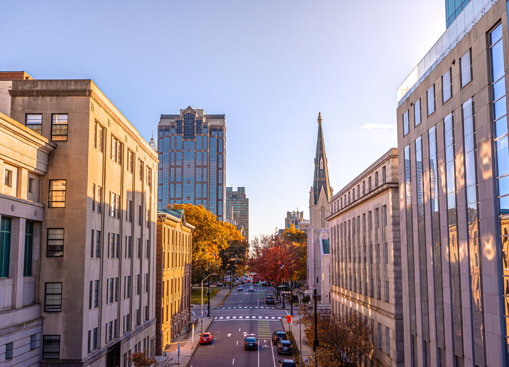 View of Downtown Raleigh at North Salisbury Street in fall season at sunset time,North Carolina,USA
