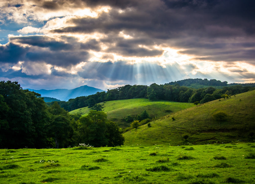 Crepuscular rays over a field and rolling hills at Moses Cone P North Carolina