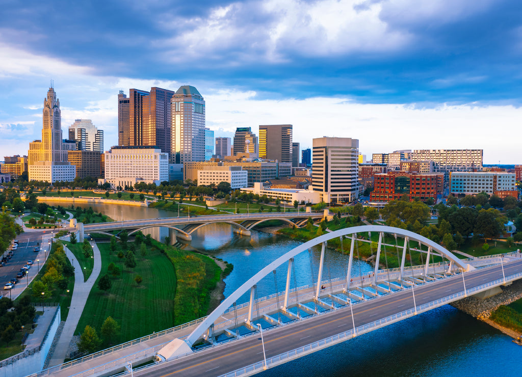 Aerial view of Downtown Columbus Ohio with Scioto river